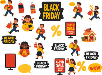 Vibrant vector illustration set featuring happy shoppers, sale tags, “Black Friday” signs, and discount symbols in bold red, yellow, and black colors, perfect for promotional banners and retail market