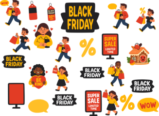 Vibrant vector illustration set featuring happy shoppers, sale tags, “Black Friday” signs, and discount symbols in bold red, yellow, and black colors, perfect for promotional banners and retail market