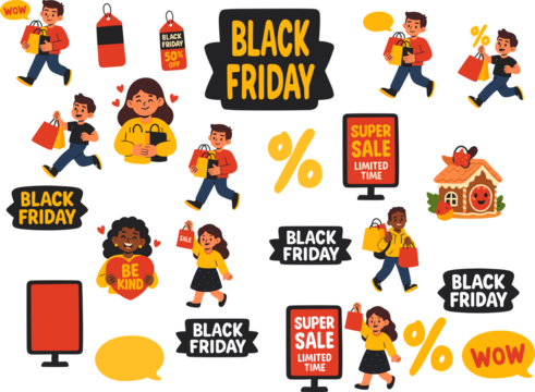 Vibrant vector illustration set featuring happy shoppers, sale tags, “Black Friday” signs, and discount symbols in bold red, yellow, and black colors, perfect for promotional banners and retail market