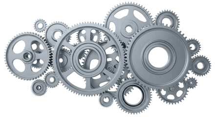 Intricate arrangement of interlocking metallic gears and cogs in a complex mechanical system against a dark background