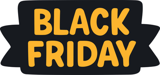Bold yellow “Black Friday” text on a black ribbon-shaped banner, perfect for promotional sale graphics and digital marketing materials.
