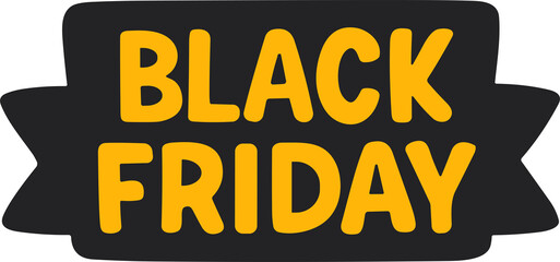 Bold yellow “Black Friday” text on a black ribbon-shaped banner, perfect for promotional sale graphics and digital marketing materials.