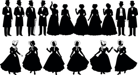 Victorian-era silhouette icon set with men and women in 19th-century fashion, black vector design for history, costume, and cultural themes