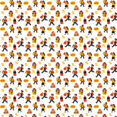 Seamless festive Black Friday pattern with cheerful shoppers, sale tags, discount symbols, and gift icons in bright red, yellow, and black tones on a light background.