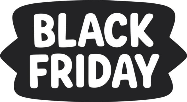 Minimal black “Black Friday” text on a dark badge-style background in bold flat vector design, suitable for sale banners and modern marketing visuals.
