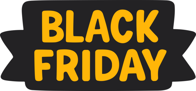 Bold yellow “Black Friday” text on a black ribbon-shaped banner, perfect for promotional sale graphics and digital marketing materials.