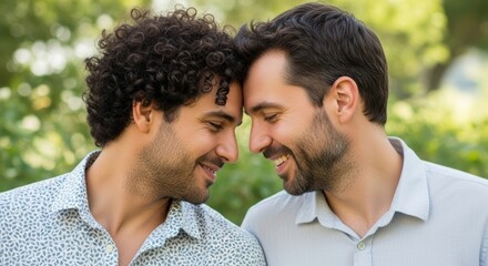 Fototapeta premium Happy young adult caucasian males smiling and embracing outdoors