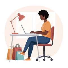 African american woman typing on laptop at desk with shopping bags and desk lamp illustration illustration