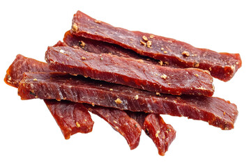 Freshly cut jerky strips isolated on a transparent background showcasing delicious, savory meat snacks perfect for outdoor adventures and casual snacking