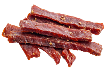 Freshly cut jerky strips isolated on a transparent background showcasing delicious, savory meat snacks perfect for outdoor adventures and casual snacking