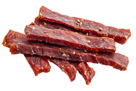 Freshly cut jerky strips isolated on a transparent background showcasing delicious, savory meat snacks perfect for outdoor adventures and casual snacking