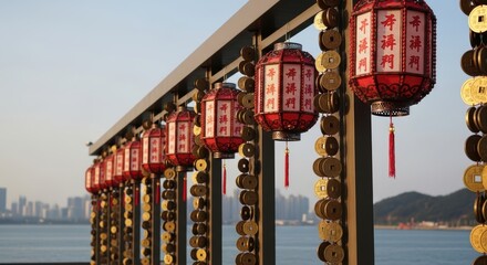 Red lanterns hanging by waterfront with city skyline in background