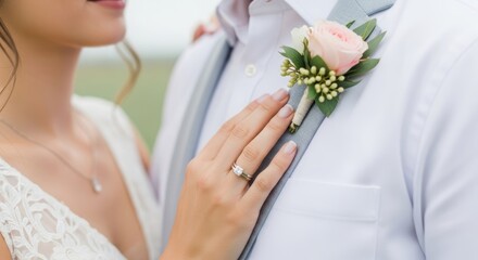 Bride and groom with floral boutonniere in romantic wedding moment