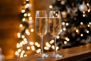 Two Elegant Flutes of Champagne Celebrating a Special Occasion with Festive Christmas Background