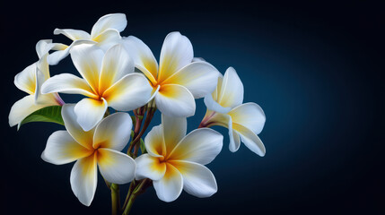 Fototapeta premium A beautiful cluster of white and yellow plumeria flowers is artistically displayed against a dark blue backdrop, showcasing nature's delicate floral artistry.