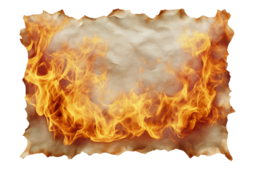 Flames consuming a sheet of paper in a dramatic blaze in a darkened setting