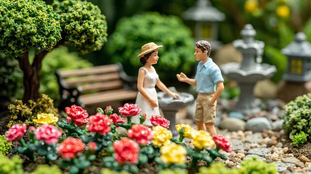 A man and woman converse in a garden, where the man gestures toward the woman surrounded by garden flowers. The woman listens to the man as they enjoy garden scenery.