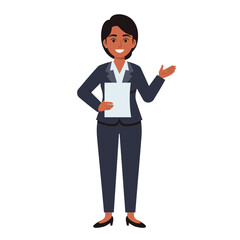 Professional african american woman in business suit holding document gesturing enthusiastically illustration
