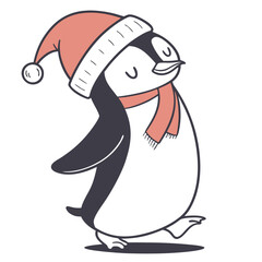 Cute penguin wearing santa hat and scarf icon vector
