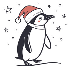 Cute penguin wearing santa hat and scarf with stars