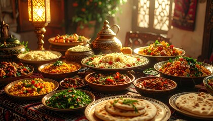 Naklejka premium Diverse dishes and traditional food overhead shot culinary composition