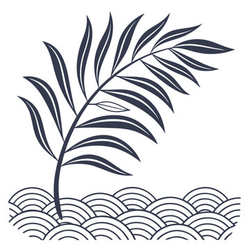 Dark blue palm frond over stylized wave pattern palm leaf