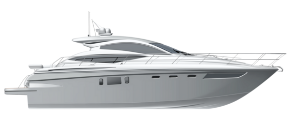 White Motor Yacht Side View isolated on a transparent background