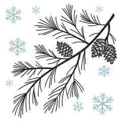 Pine branch with cones and snowflakes vector graphic