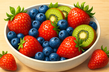 Obraz premium Vibrant Bowl of Fresh Strawberries, Blueberries, and Kiwi on Wood Table