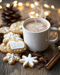 Mug of hot chocolate with a plate of cookies on a table
