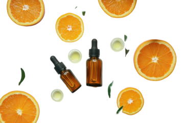 Amber glass dropper bottles create a natural scene with orange slices and green leaves in a bright setting, showcasing a refreshing blend of colors and textures