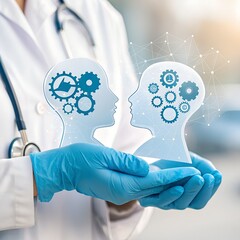 Understanding mental health concept doctor holding mind gears for psychology and therapy treatment