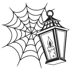 Black outline lantern with candle and spider web vector
