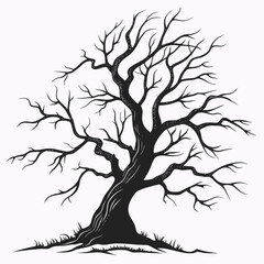 Black silhouette of a gnarled bare tree with crooked branches 1