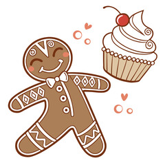Cute gingerbread man with cupcake and hearts vector