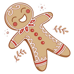 Cute gingerbread man with red icing and leaves cookie