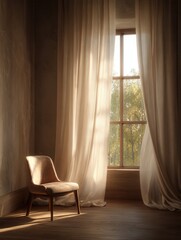 Fototapeta premium Cozy Sunlight in Serene Interior: A sun-drenched room with a solitary chair positioned before a window framed by flowing, translucent curtains. Soft light dances through the fabric.