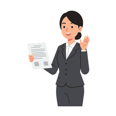 Professional woman in suit holding document and waving friendly gesture illustration