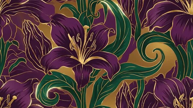 purple lily pattern a luxurious seamless design with elegant gold accents and flowing green leaves creating an opulent art deco background.