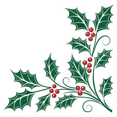 Green holly branch with red berries corner frame vector