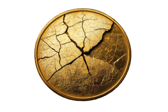 Cracked gold coin representing the fragility of cryptocurrency in a changing financial landscape during the digital age