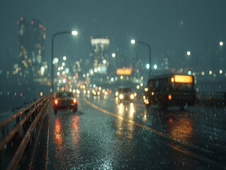 a rainy night on a city highway with cars driving on wet roads, reflecting the lights of street lamps and illuminated signs overhead. The scene is illuminated by the headlights of the cars 