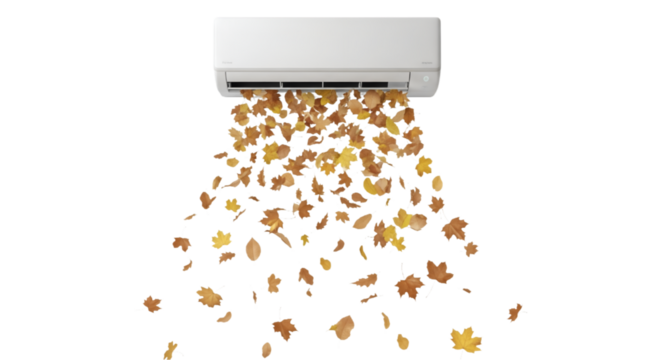Modern white air conditioner unit blowing a cascade of colorful autumn leaves against a stark black background