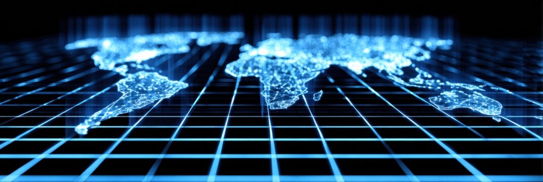 Visual Representation of a Digital World Map With Glowing Connections and Grid Lines Illuminating Global Networks
