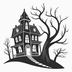 Spooky haunted house with bare trees vector graphic