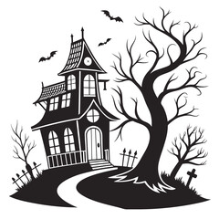 Spooky haunted house with bats and bare trees halloween
