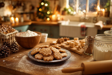 Fototapeta premium Baking cookies in a cozy kitchen filled with the magic of Christmas Eve as the aroma fills the air in anticipation of the festive celebration