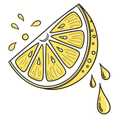 Yellow lemon slice with dripping juice and droplets