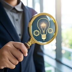 Idea generation business analysis concept with magnifying glass innovation and solution search process