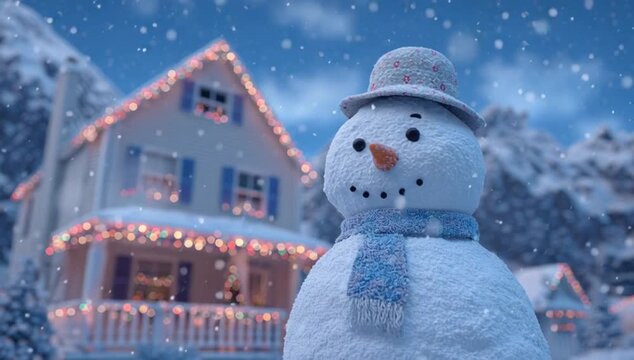 christmas celebration with snowman in the village. with cartoon style. seamless looping time-lapse virtual video animation background.

